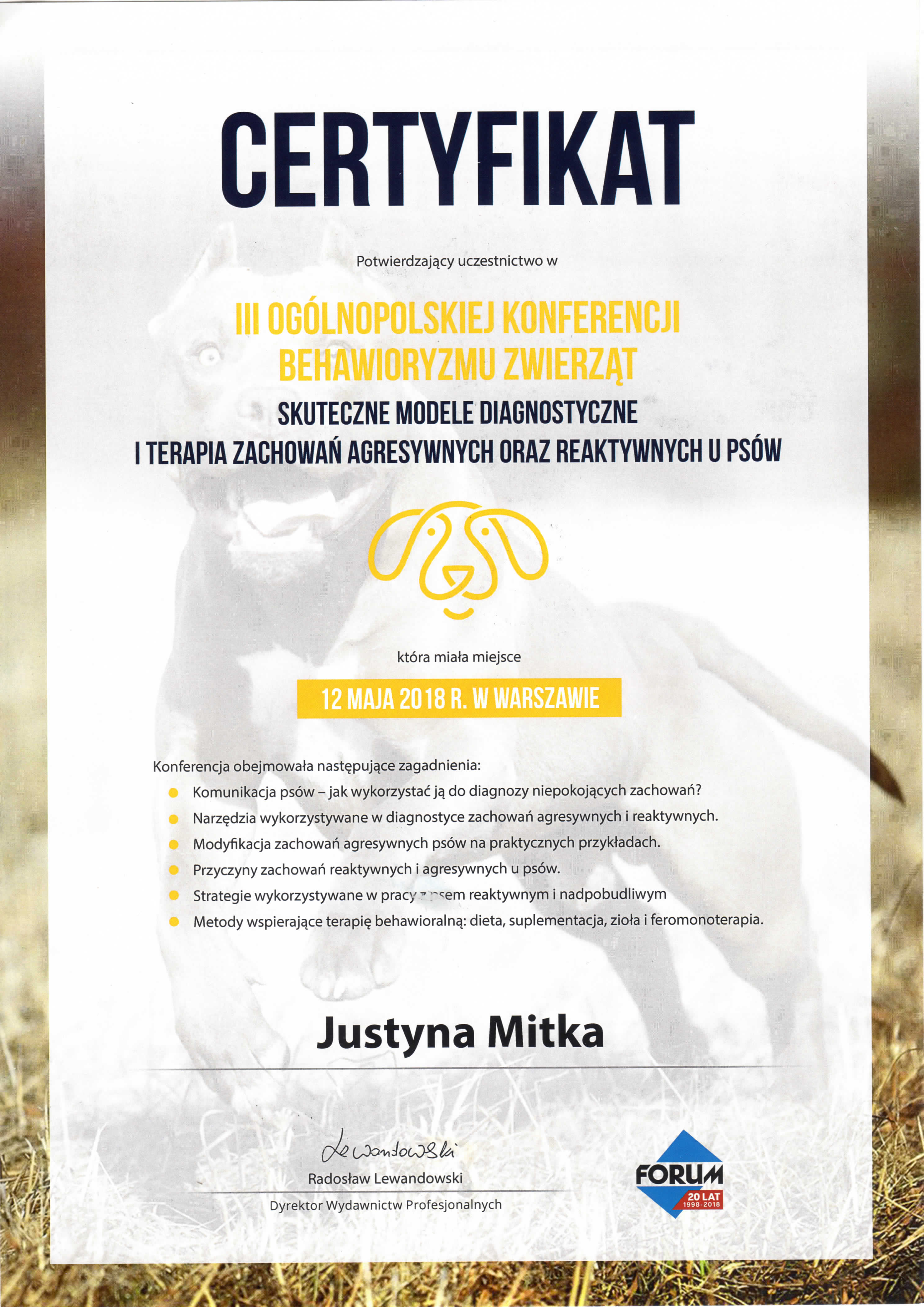 Certyfikat: III Konferencja Behawioryzmu Zwierząt