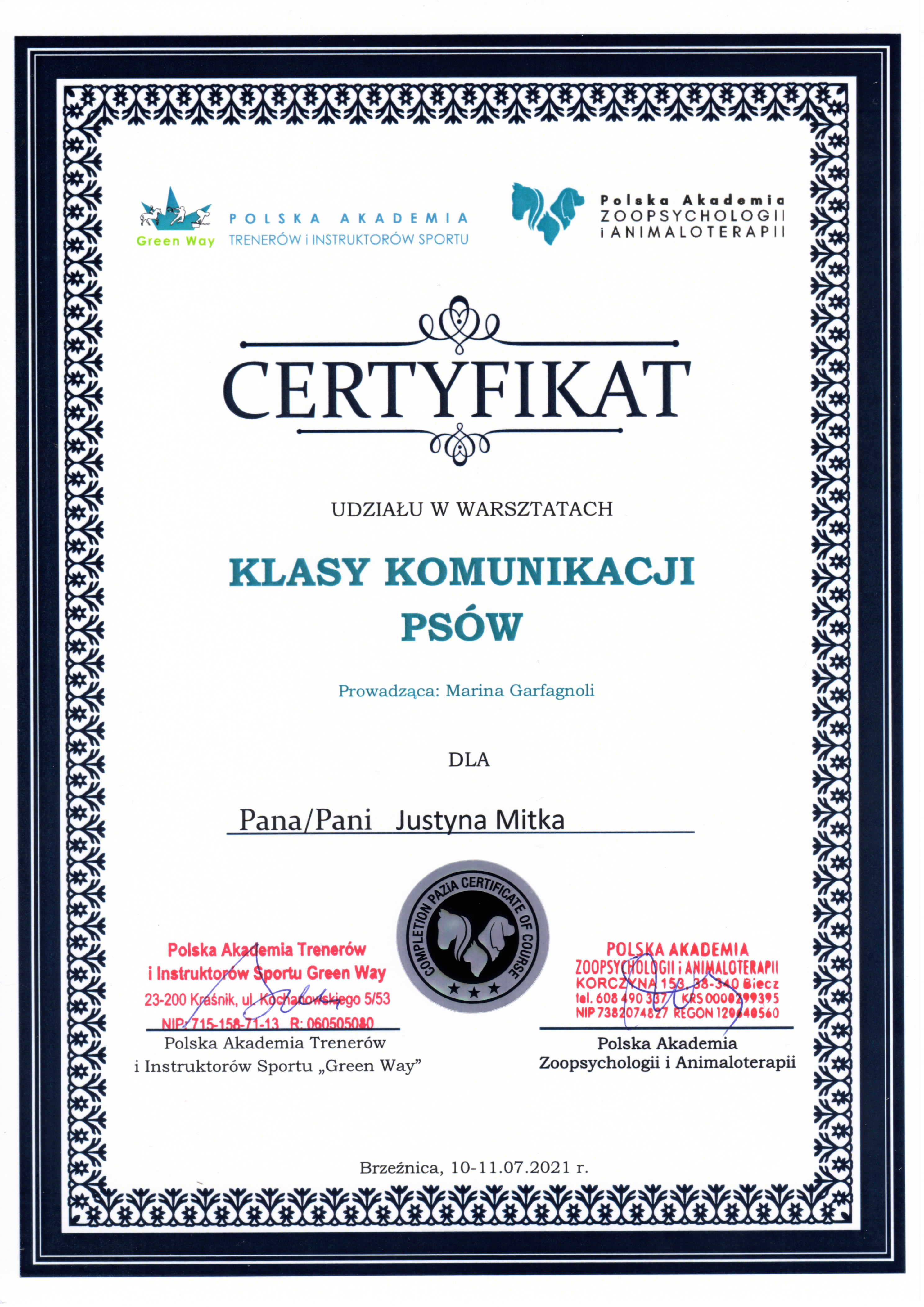 Certyfikat: Klasy Komunikacji Psów